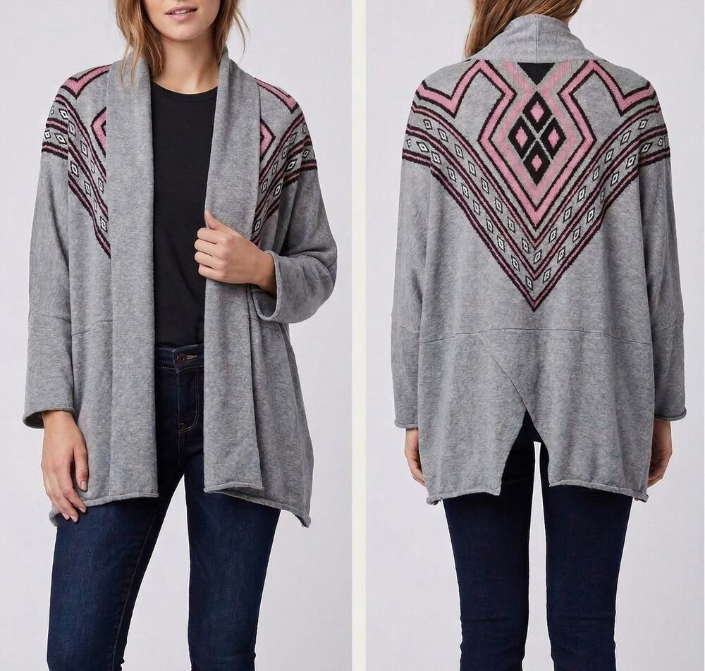 Knot Sisters Aztec Tribal Diego M/L Open Front Gray Cardigan Sweater
